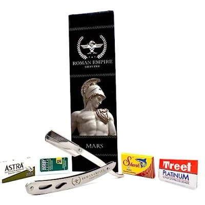 Abbildung von Razor Blades Club Mars Rasiermesser von Roman Empire Shaving, professioneller Rasierer für Bart, Schnurrbart und Konturen mit 20 Klingen (Astra Derby Shark Voskhod) (Stahl, 1 Einheit (1 Packung)