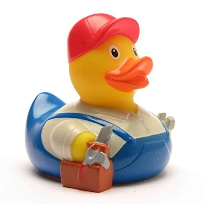 Abbildung von Handwerker Badeente I Quietscheente L: 7,5 cm inkl. Badeenten Schlüsselanhänger im Set Gelb
