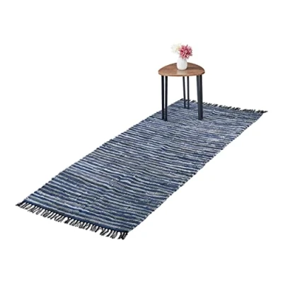 Abbildung von Relaxdays Flickenteppich, 80 x 200 cm, Baumwolle &amp; Leder, Teppichläufer, Fransen, rutschfest, Fleckerlteppich, blau/grau