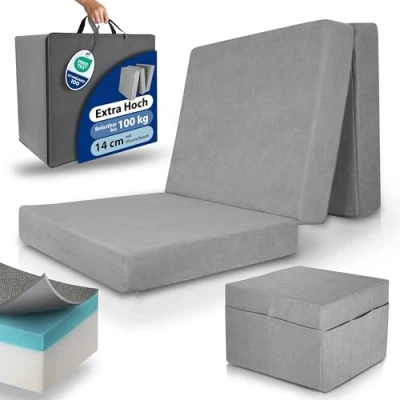 Abbildung von Beautissu Premium L Klappmatratze 80x200cm Gästebett faltbar inkl. Husse extra dick 14cm Visco Matratze optimaler Härtegrad H3 hoher Schlafkomfort waschbar Gästematratze klappbar Grau