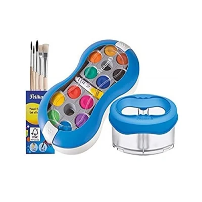 Abbildung von Pelikan , Aquarell, Deckfarbkasten 735 SP/12 mit 12 Farben und 1 Tube Deckweiß/Starter (blau Space Wasserbecher + Pinsel Set), 7 teiliges