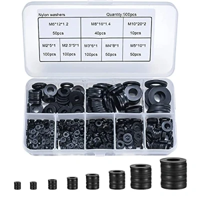 Abbildung von 500 schwarz Stück flache Unterlegscheiben, Nylon industrielle Befestigungskopf mechanische Unterlegscheiben M2/M2,5/M3/M4/M5/M6/M8/M10