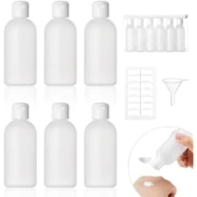 Abbildung von Reiseflaschen zum Befüllen 60ml, 6 Stück Liquid Flaschen mit Kleinem Trichter und Etiketten, Transparente Plastikflaschen Weich Behälter Flasche Set für Shampoo Duschgel Lotion