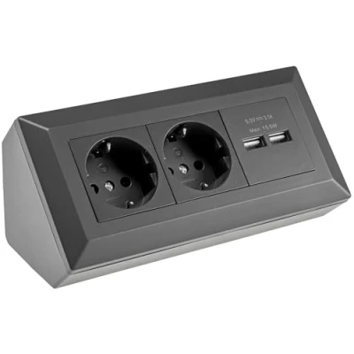 Abbildung von ChiliTec Steckdosenblock Ecksteckdose 2 Fach Schutzkontaktsteckdose 2X USB A 3,1A Schwarz