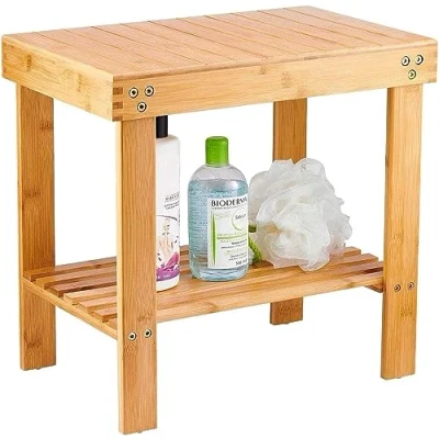 Abbildung von VaeFae Badhocker aus Bambus,Sitzhocker mit Fußablage, Ablagefach, langlebig, leicht und rutschfest Large Natural Bamboo Color