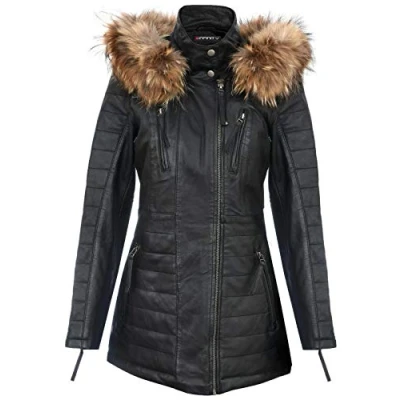 Abbildung von Infinity Leather Schwarze Damen Leder Parka Jacke Gesteppte Abnehmbare Kapuze Regenmantel 4XL