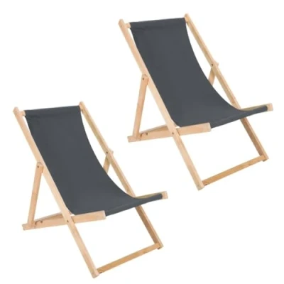 Abbildung von BAS 2er Set Liegestuhl grau klappbar aus Holz Klappstuhl Klappliege Sonnenstuhl Strandstuhl Holzklappstuhl Gestell in Naturfarbe Gartenliegen