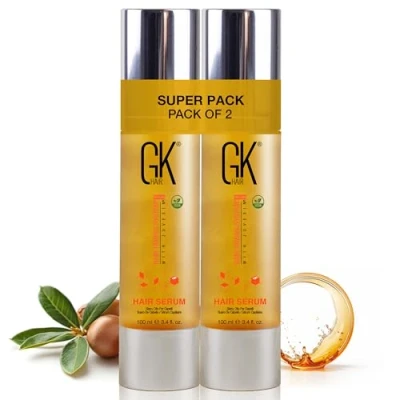 Abbildung von GK Hair Global Keratin 100% Organic Argan Oil Anti Frizz Serum Pack of 2 (3.4 Fl Oz/100ml) Styling Smoothing Strengthening Hydrating,Nourishing Heat Protection Shine Control Dry Repair