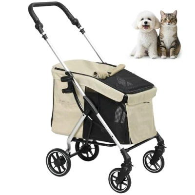 Abbildung von PawHut Hundewagen leicht Hundebuggy aus Aluminium klappbar für Hunde &amp; Katzen bis 10 kg Katzenbuggy mit Kissen Netzfenstern Türen Aufbewahrungskorb Katzenwagen Buggy Khaki