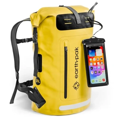 Abbildung von Earth Pak Summit wasserdichter Rucksack, Backpack mit leistungsstarkem Reißverschl 35Luss und Rolltop, wasserfester Handyhülle (Gelb)