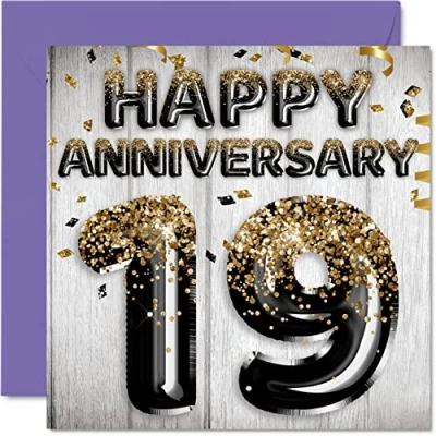 Abbildung von Tolle Karte zum 19. Jahrestag für Ehemann Freund Ehefrau Freundin schwarz goldene Glitzer Luftballons Happy 19 Anniversary Cards from Family 145 mm x Grußkarten Jubiläen