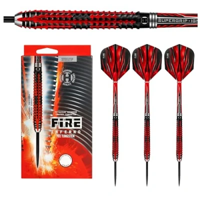 Abbildung von Harrows Fire Inferno 90% Tungsten Steel Tip Darts Set 23g Inklusive roter Supergrip Ignite Schäfte &amp; Micron Flights Erhältlich in verschiedenen Gewichten (21 26g)