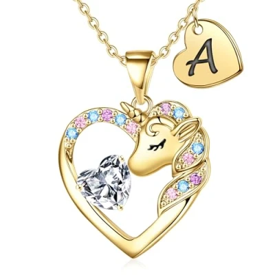 Abbildung von TINGN Einhorn Geschenke für Mädchen Schmuck Kette Teenager 7 8 9 10 11 12 Jahre mit Buchstaben V