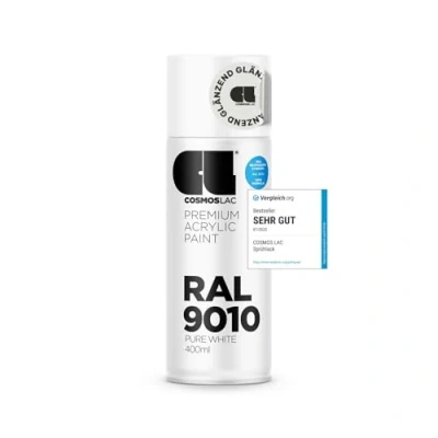 Abbildung von COSMOS LAC Sprühfarbe weiß, glänzend Sprühdose in vielen RAL Farbtönen 400ml Spraydose perfekt für DIY, Upcycling und andere Lackierarbeiten (RAL 9010 reinweiß glänzend)