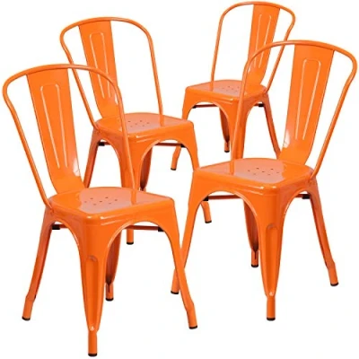 Abbildung von Flash Furniture Stapelbarer Stuhl aus Metall, für drinnen und draußen, Kunststoff, Gummi, Orange, 4 Stück