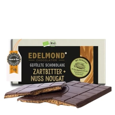 Abbildung von Edelmond Bio Zartbitter Schokolade gefüllt mit Nuss Nougat. Handgemacht aus Fairtrade Kakao. 1 Tafel 80g