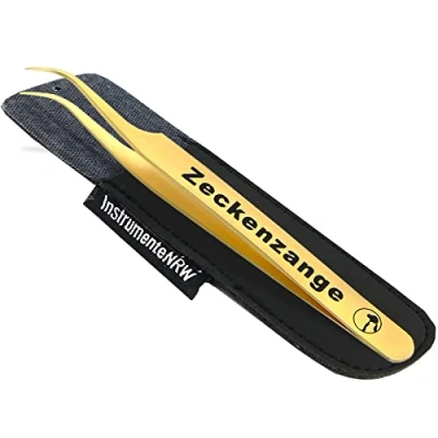 Abbildung von InstrumenteNrw Premium Zeckenpinzette Zeckenzange Edelstahl Zecken Pinzette Hunde Katzen rostfreier Qualitätsstahl (Goldfarben + Etui)