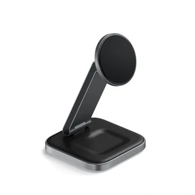 Abbildung von SATECHI 2 in 1 Kabellose Ladestation, Qi2 15W kabelloser Dual Ladeständer, magnetische, Faltbare Reiseladestation für iPhone 16/15/14/13/12, und AirPods Pro/3/2