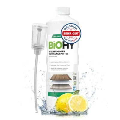 Abbildung von BiOHY Wischroboter Reinigungsmittel (1l Flasche) + Dosierer Bodenreiniger Mittel für Holzböden Laminat &amp; Parkettpflege streifenfreier Glanz auf wasserfestem Holz schaumarmes Konzentrat