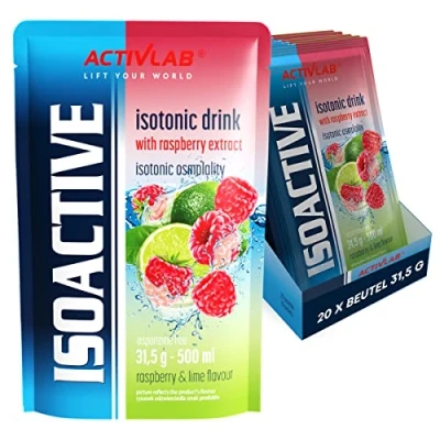 Abbildung von Activlab Isoactive Isotonic Drink mit Himbeerextrakt Elektrolyte B Vitamine 20 x 31,5 g Himbeer Limette 500 ml eines Sportgetränks praktischer Beutel 3x laborgeprüft