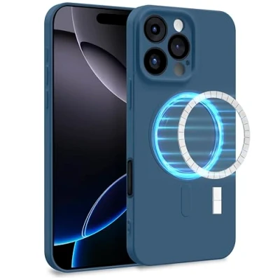 Abbildung von MyGadget Hülle für Apple iPhone 16 Pro [ kompatibel mit MagSafe ] Zweilagige Handyhülle Kameraschutz Cover Innenfutter &amp; Silikon außen Dunkel Blau