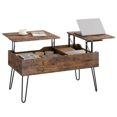 Abbildung von WOLTU Couchtisch höhenverstellbar, Beistelltisch mit doppelter Hebeplatten, Lift Top Tisch, Wohnzimmertisch, versteckter Stauraum,Vintage Braun, Holzwerkstoff Metall,BTS14shm