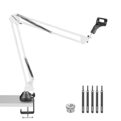 Abbildung von NEEWER Mikrofonständer Aufhängung Scherenarm, Mikrofon Arm Tischständer mit 3/8&quot; bis 5/8&quot; Schraube, Kabelbinder, kompatibel Blue Yeti Snowball X Quadcast, Max. Belastung 1,5kg, NW 35, Weiß