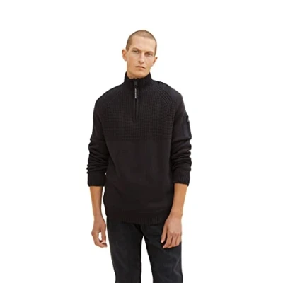 Abbildung von TOM TAILOR Herren Strickpullover Troyer mit Teddyfell 1033531, 29999 Black, XL