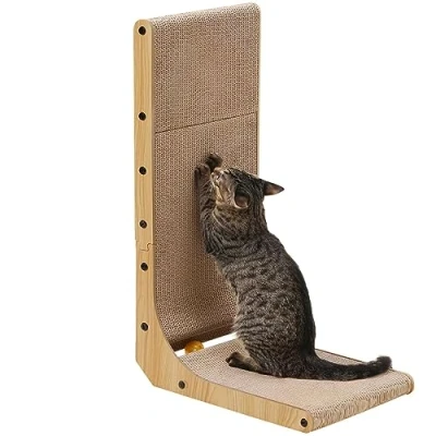 Abbildung von FUKUMARU Kratzbrett Katzen, 68 cm hohe L förmige Kratzpappe für widerstandsfähig Katzenkratzbrett mit Ballspielzeug, Katzen Kratzmöbel aus hochwertiger Karton Wand und Ecke, Groß