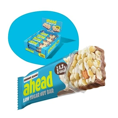 Abbildung von AHEAD Low Sugar Nut Bar Nussriegel Müsliriegel ohne Zuckerzusatz mit Kokosnuss, Mandeln &amp; Weißer Schokolade 12x35g nur 1,7g Zucker pro glutenfreiem Riegel Coconut Almond