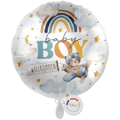 Abbildung von balloa Folienballon rund, Helium Ballon Geburt Junge, Geschenk zur Baby Boy, Babyparty Dekoration Willkommen Luftballon, Motiv Regenbogen Flugzeug blau bunt, 33cm