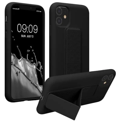 Abbildung von kwmobile Handyhülle kompatibel mit Apple iPhone 11 Hülle Fingerhalter und Standfunktion Silikon Case Handy Cover in Schwarz