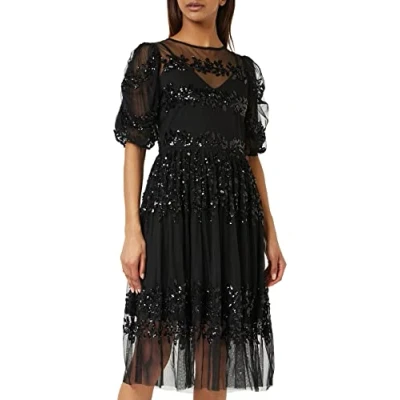 Abbildung von Maya Deluxe Damen Womens Midi Ladies Sequin Embellished Short Sleeve Dress for Wedding Guest Bridesmaid Prom Ball Evening Occasion Kleid, Black,42