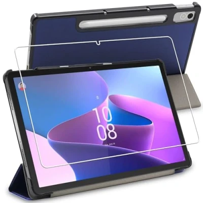 Abbildung von ebestStar Hülle für Lenovo Tab P12 (2023), Slim Smart Cover (Ultra Dünn), Schutzhülle Etui, Ständer Case Cover, Dunkelblau + Panzer Schutz Glas
