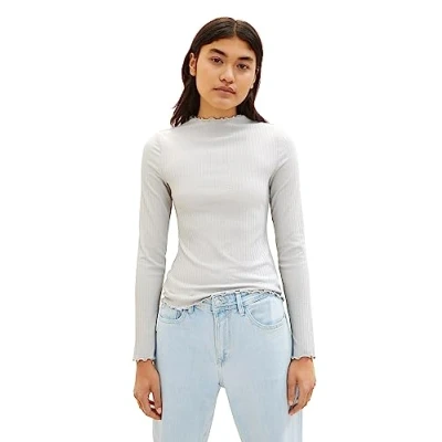 Abbildung von TOM TAILOR Denim Damen 1038368 basic RIPP Langarmshirt, 32253 Light Grey, M