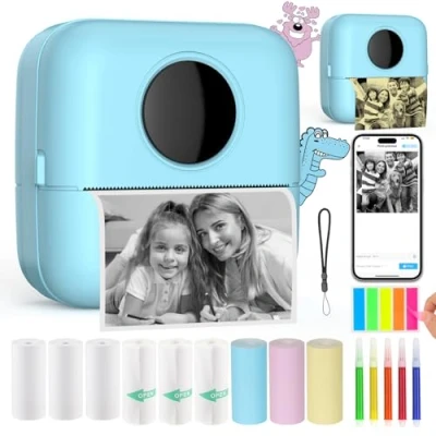 Abbildung von HuiJuKeJi Mini Drucker, Taschendrucker, Fotodrucker für Smartphone, Sticker Thermo Journal, Reisen Logo, Notizen, Liste, Memo (Blue)