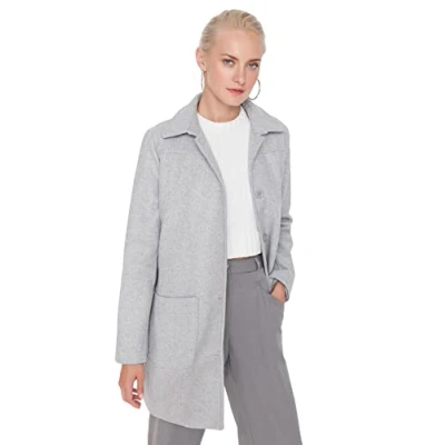 Abbildung von Trendyol Damen Regular Bikerjacken Plain Webstoff Mantel Coat, Grau, 34 EU