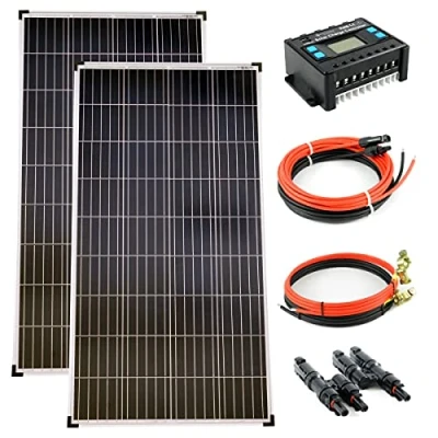 Abbildung von solartronics Komplettset 2x140 Watt Poly Solarmodul 20A Laderegler blau Solarkabel Solarstecker Photovoltaik Inselanlage