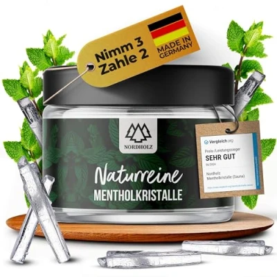 Abbildung von NORDHOLZ® Mentholkristalle [50gr] für Sauna in Premium Qualität aus 100% Minzöl Befreit die Atemwege und sorgt intensiven Duft der Zubehör (50gr. Tiegel)
