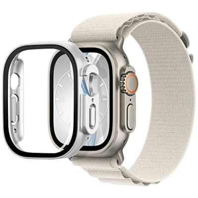Abbildung von mtb more energy Hülle kompatibel mit Apple Watch Ultra, Ultra 2 Silber metallic integrierter Displayschutz aus gehärtetem Glas Rundum Schutz Bumper Gehäuse Schutzhülle Tempered Glass