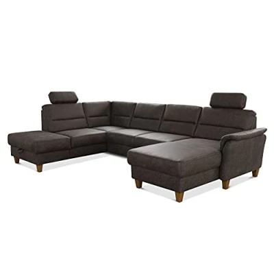 Abbildung von CAVADORE U Form Sofa Palera / Federkern Wohnlandschaft mit 2 Kopfstützen 314 x 89 212 Mikrofaser in Lederoptik, Braun