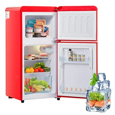 Abbildung von Merax 60L Retro Kühlschrank, Doppeltür Kühlschrank mit 22L Gefriervolumen, 102 kWh/Jahr, 7 Temperatureinstellungen, Energieklasse E, Kompakt und Stylisch in Rot, 88,8 cm hoch