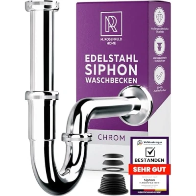 Abbildung von Universal Siphon Waschbecken Geruchsverschluss Röhrensiphon Edelstahl Waschtisch inkl. Dichtungen mit Reinigungsöffnung + Einbauanleitung M. ROSENFELD HOME