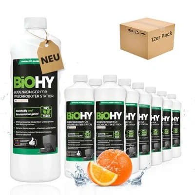 Abbildung von BiOHY Bodenreiniger Für Wischroboter Station mit Orangenduft (12 x 1 Liter) Reinigungsmittel Konzentrat alle Wisch &amp; Saugroboter Nass Funktion Schaumarm Streifenfrei Böden