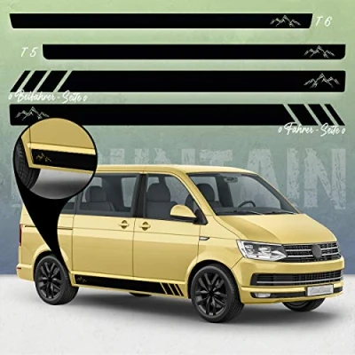 Abbildung von Auto Dress Seiten Streifen Aufkleber Set/Dekor passend für VW T4, T5 &amp; T6 Bus Motiv: Mountain Silhouette Racing ohne Strich (123 Medium Grey, Kurzer Radstand)