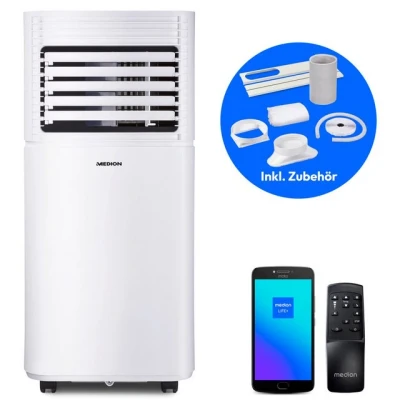 Abbildung von MEDION Smarte Mobile Klimaanlage mit Abluftschlauch P701 (7000 BTU, mobil, inkl. Fensterabdichtung, bis 25m², 3in1 Kühlen Entfeuchten Ventilieren, App und Sprachsteuerung, Schlafmodus, MD 37672)