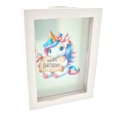 Abbildung von WB wohn trends Spardose Geldgeschenk, Happy Birthday Einhorn, 19,5x14,5x3cm, Holz weiß, im Bilderrahmen