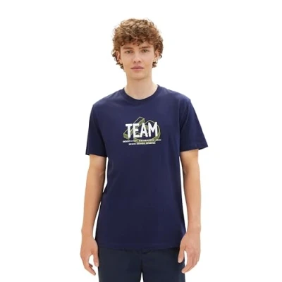 Abbildung von Tom Tailor Denim Herren Oversized basic T Shirt mit Text Print, 34590 Dark Blueberry, XS