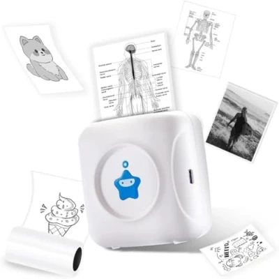 Abbildung von vretti TP2 Y Mini Thermodrucker im Taschenformat, kompatibel mit Android &amp; iOS 1 Etikettenrollen, Bluetooth Drucker für iPhone, Arbeitsliste, Notizen, Fotos, Basteln