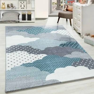Abbildung von Carpetsale24 Kinderteppich Modern Wolken Design Blau und Grau 140 x 200 cm Kurzflor Teppich Kinderzimmer Waschbarer Spielteppich Babyteppich für Junge Mädchen Extra Weich Antiallergen Rechteckig